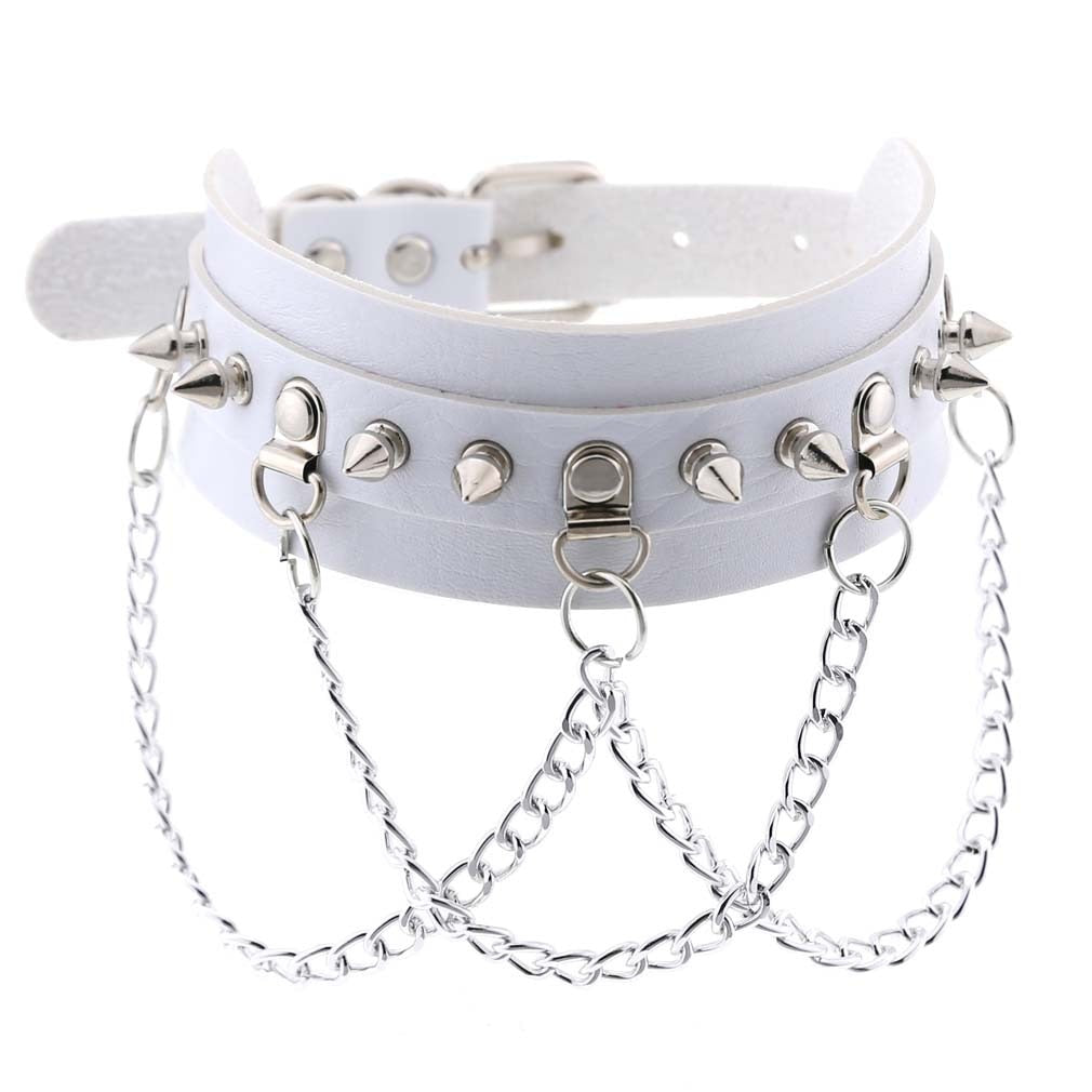 Gothic White Leather Choker Necklace with Multiple Spikes and Pendant Designs