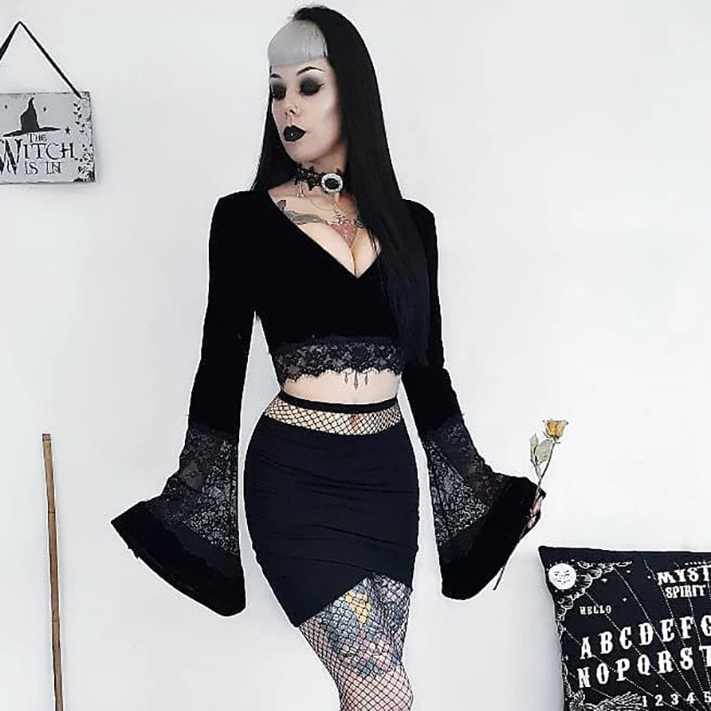 Gothic Style Flare Sleeve Tee with Lace Trim: Embrace gothic style with this flare sleeve tee adorned with lace trim for a touch of romance.