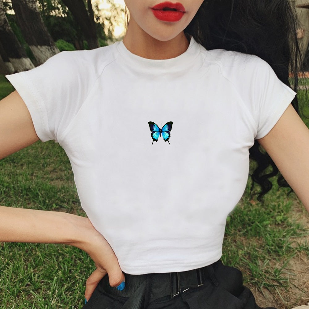 Crop Top with Gothic Harajuku and Blue Butterfly Print