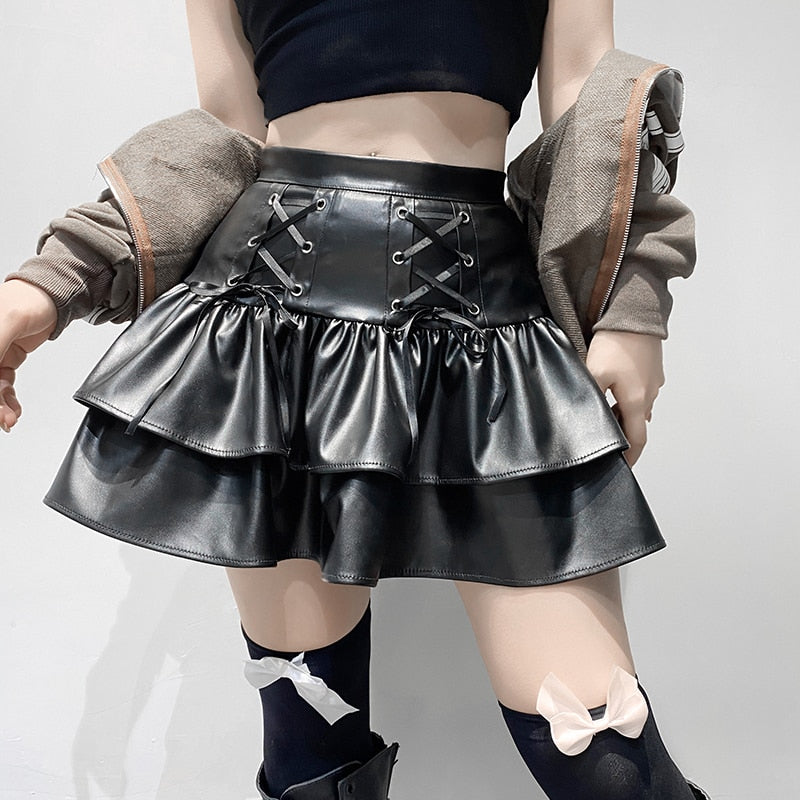 Punk Style PU Leather Mini Skirt with Lace Up Bandage
