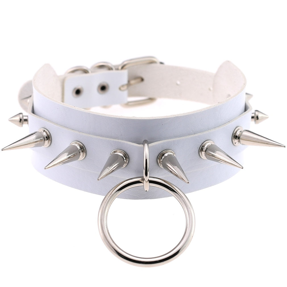 Gothic White Leather Choker Necklace with Multiple Spikes and Pendant Designs