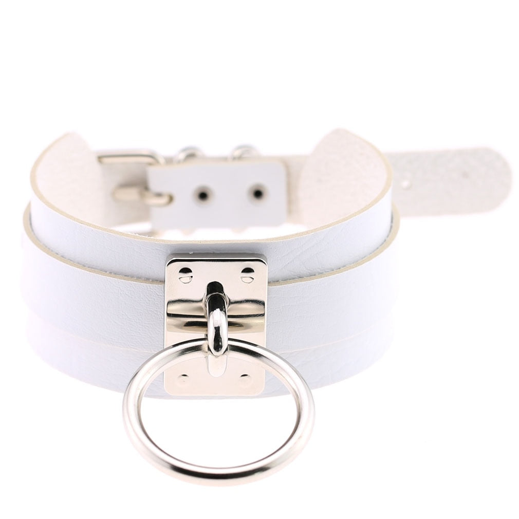 Gothic White Leather Choker Necklace with Multiple Spikes and Pendant Designs