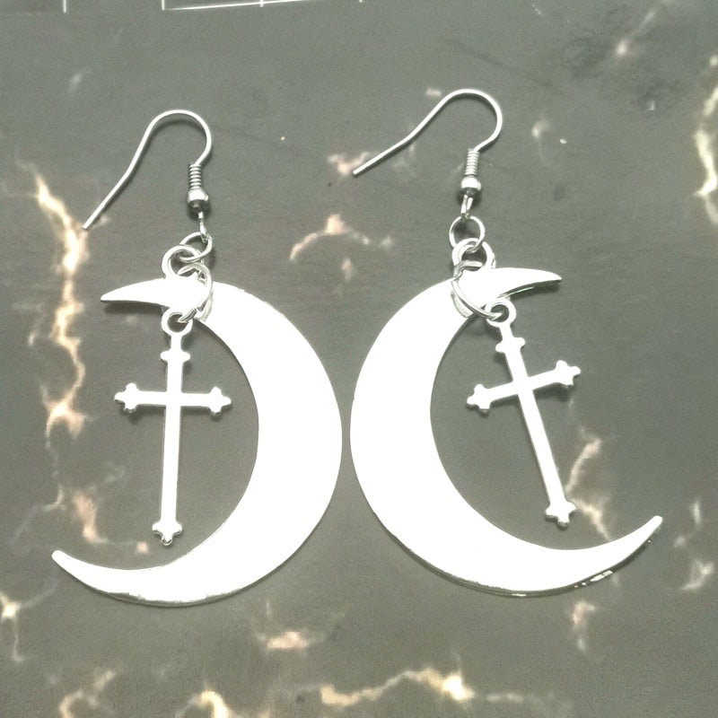 Gothic Large Hoop Moon and Cross Earrings