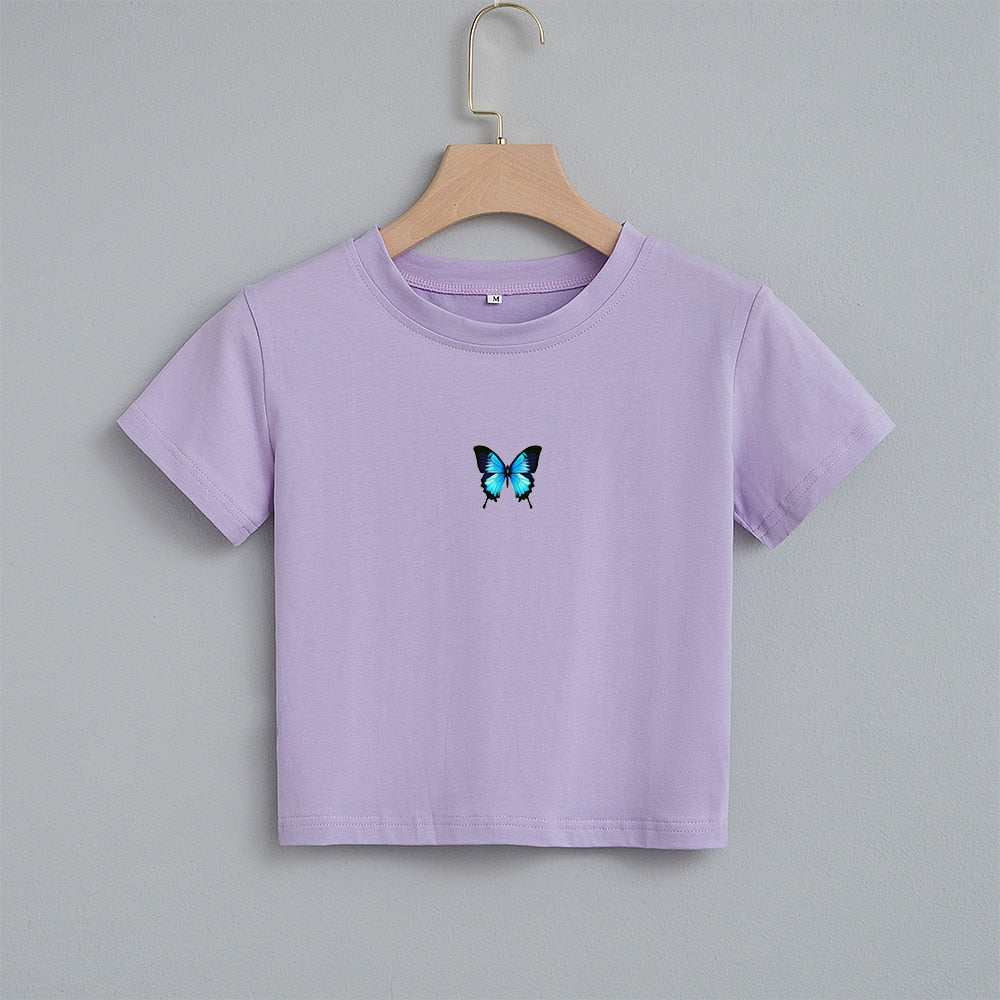 Edgy Gothic Harajuku Crop Top with Blue Butterfly Print