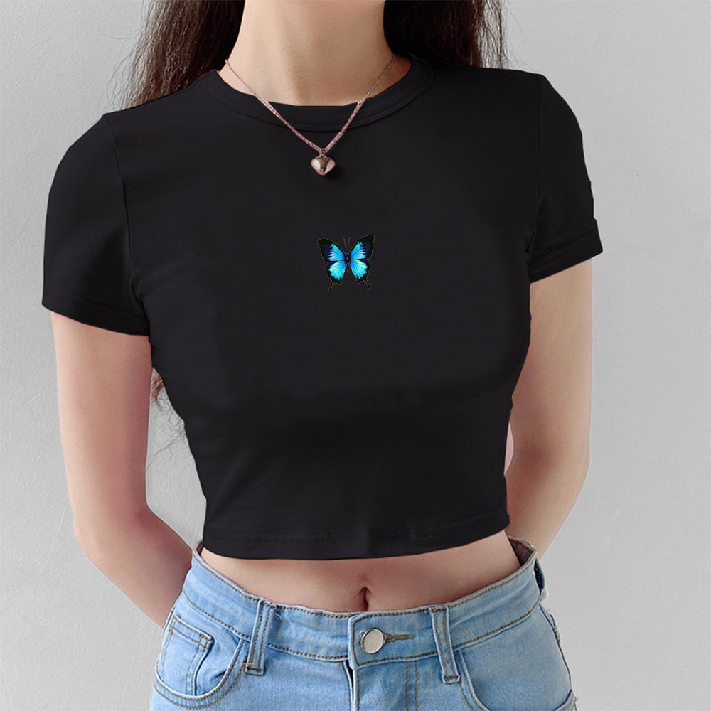Bold and Unique Blue Butterfly Print Crop Top with Gothic Style