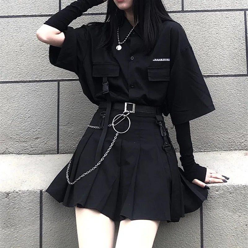 Gothic Korean  Loose BF Shirt and Skirt Set