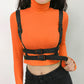 "Stay on the cutting edge of fashion with this Gothic Moto&Biker Buckle Belt Crop Top - a statement piece for the bold and adventurous."
