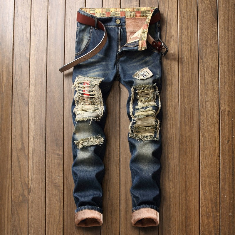 Fleece-Lined Jeans with Hole Patch and Straight Cut