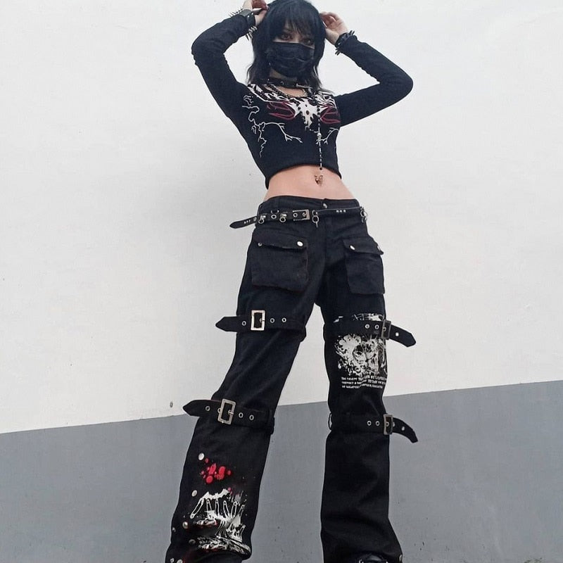 Gothic E-girl Black Cargo Capri Pants