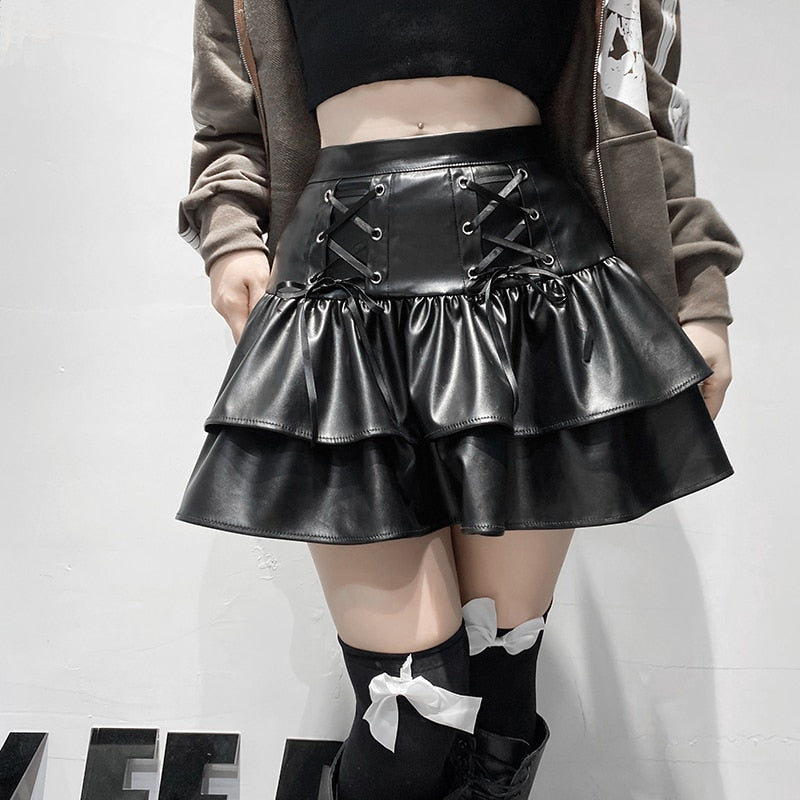 Punk Style PU Leather Mini Skirt with Lace Up Bandage