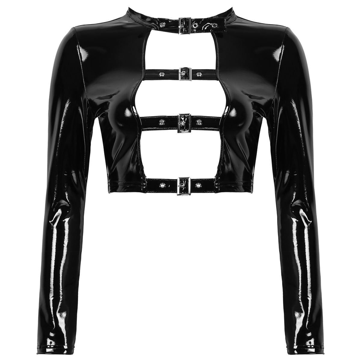 Eye-catching Gothic Punk crop top with patent leather and buckle elements