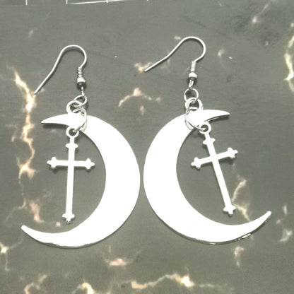 Gothic Large Hoop Moon and Cross Earrings