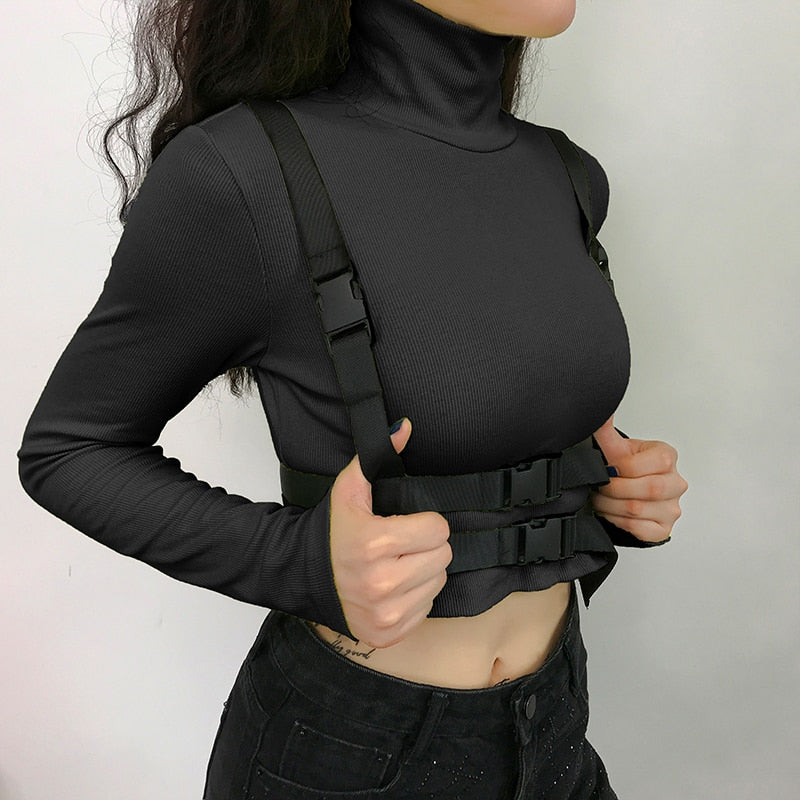 Rock your style with this Gothic Moto&Biker Buckle Belt Crop Top - a daring and trendy addition to your wardrobe."