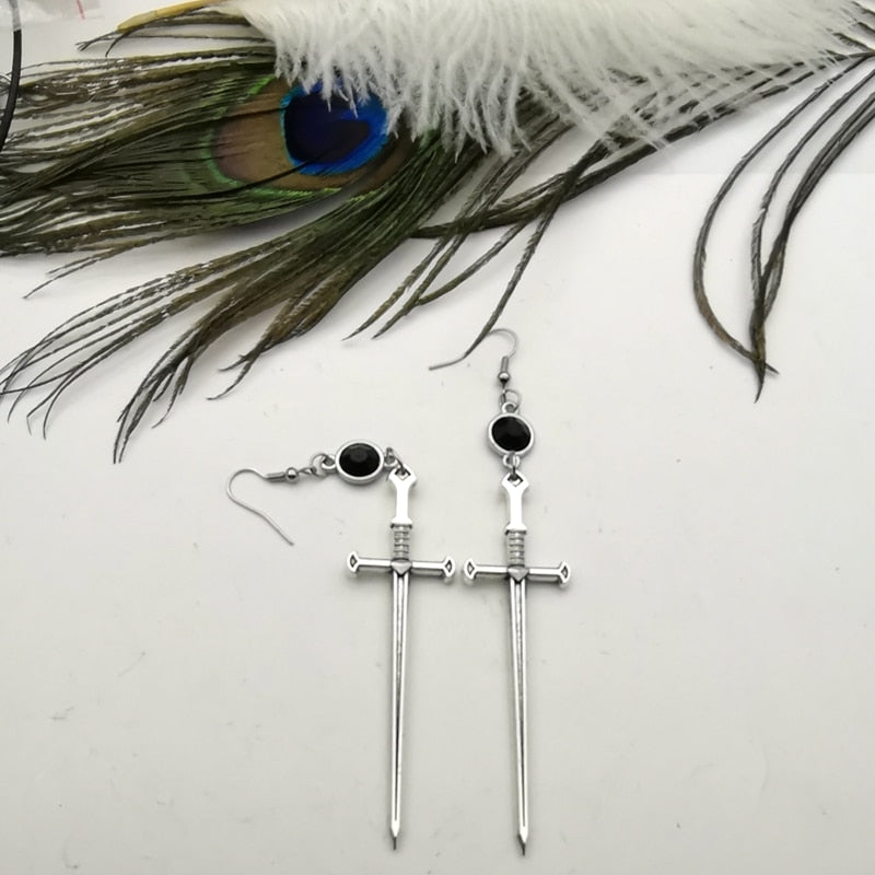 Gothic Black Crystal Sword Earrings