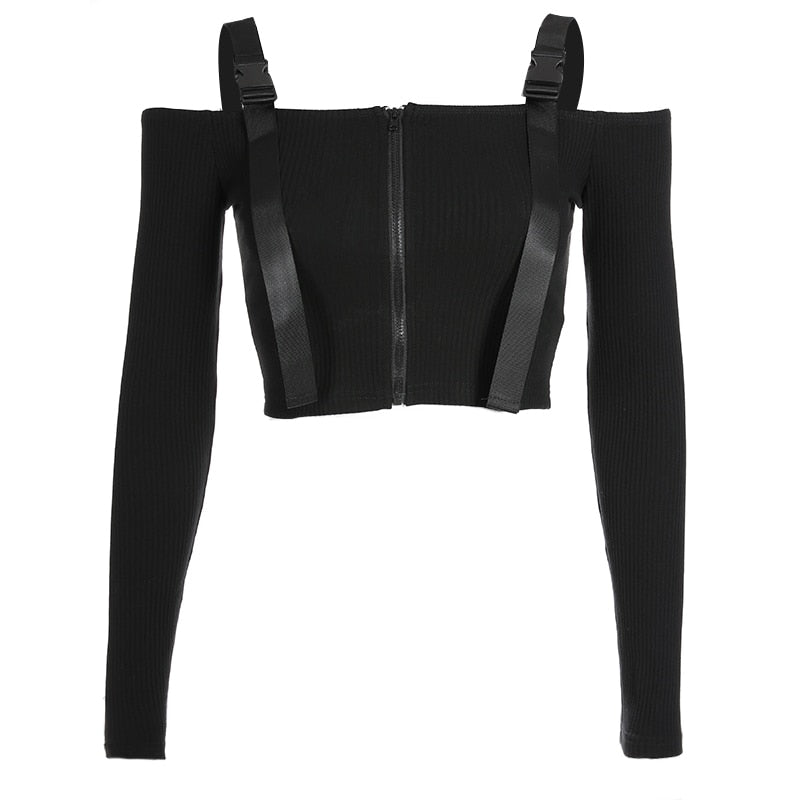 Gothic Korean Style Buckle Women Turtleneck Sleeve T Shirt - Urban Fashion at Its Best