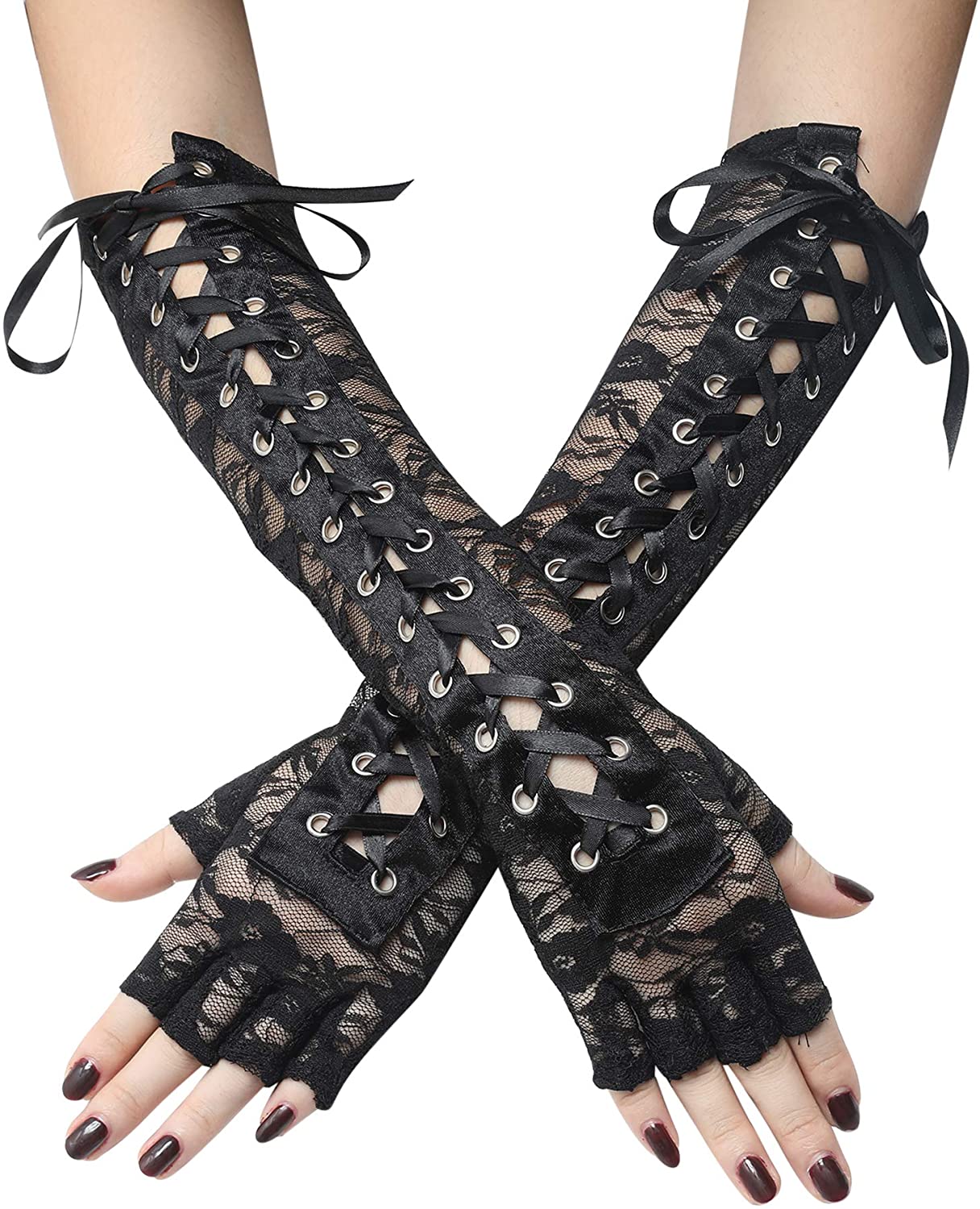 Punk Elbow-Arm Warmer Gloves with Fishnet Mesh and Laces