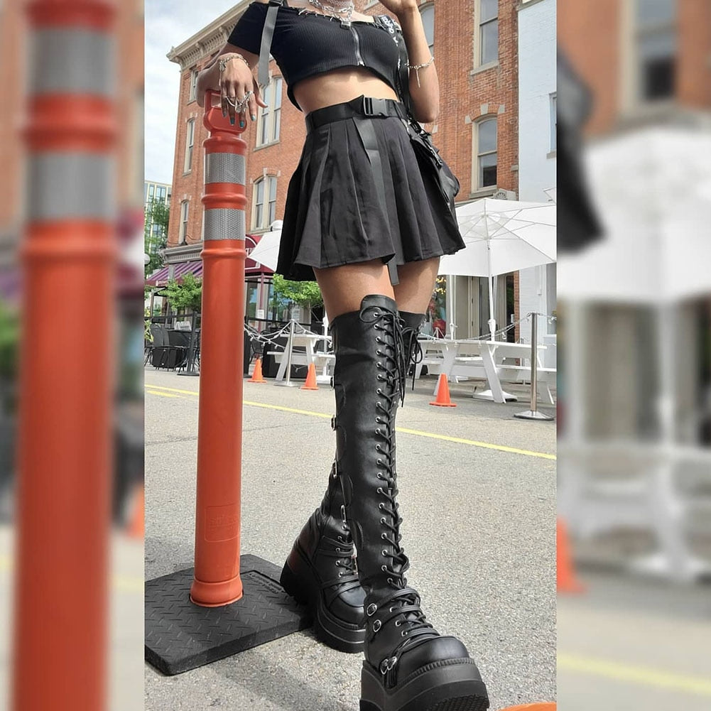 Gothic Punk Thigh High Wedge Boots with Platform