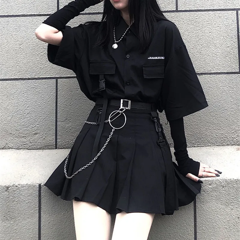 Gothic Korean  Loose BF Shirt and Skirt Set