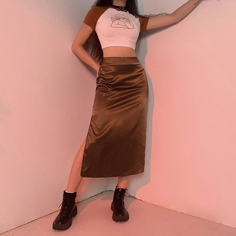 Elegant vintage satin skirt with high waist and dramatic side split