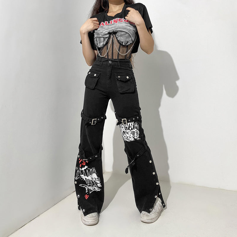 Gothic E-girl Black Cargo Capri Pants