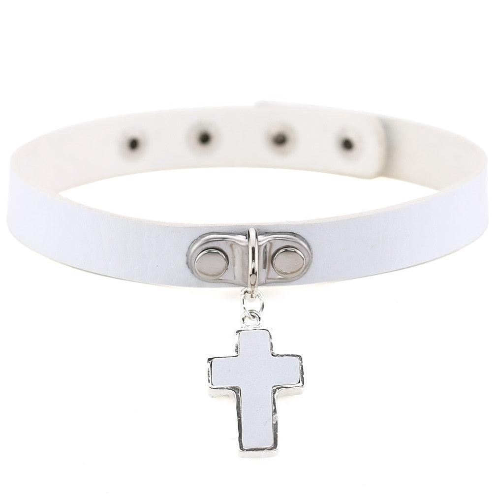 Gothic White Leather Choker Necklace with Multiple Spikes and Pendant Designs