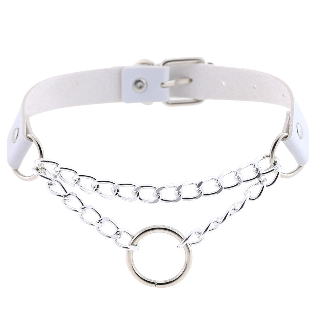 Gothic White Leather Choker Necklace with Multiple Spikes and Pendant Designs