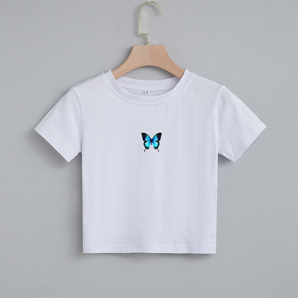 Trendy Gothic Harajuku Crop Top with Blue Butterfly Print