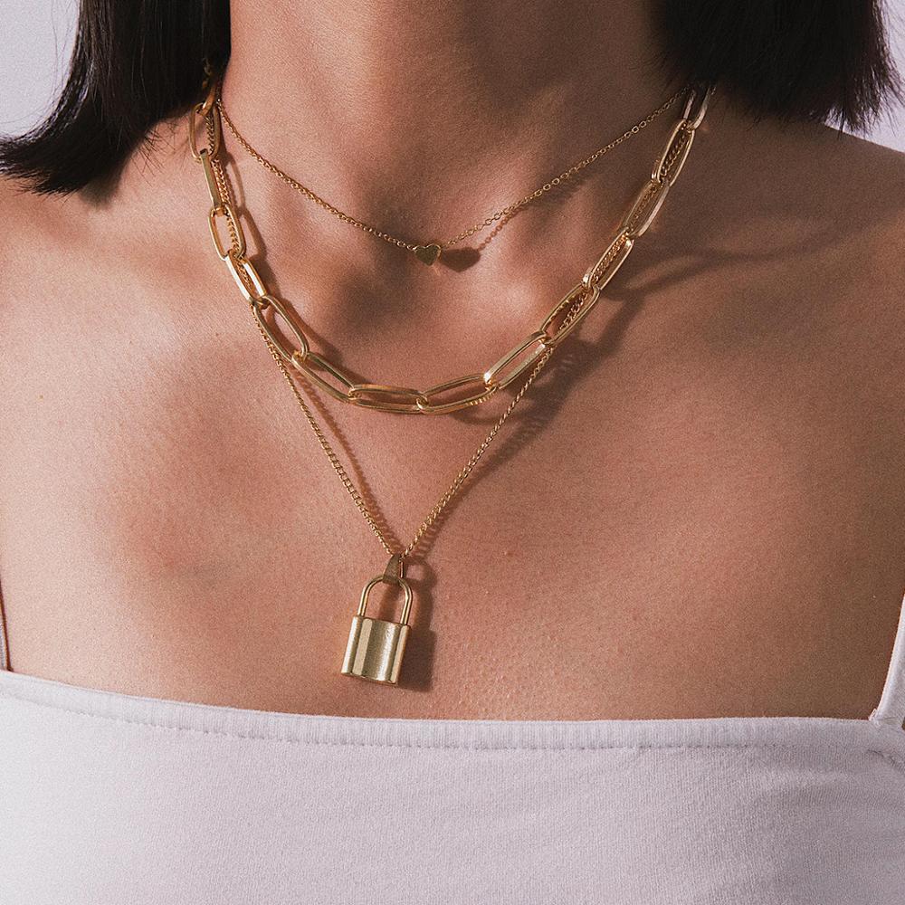 Hip Hop Multi Layers chain necklace with heart lock