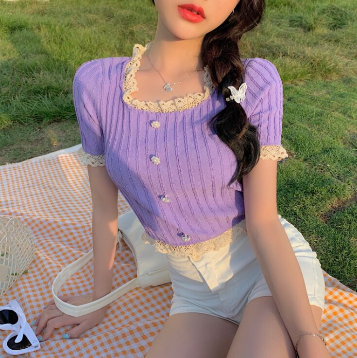 Girls Patched Lace O-Neck Knitting T-shirt