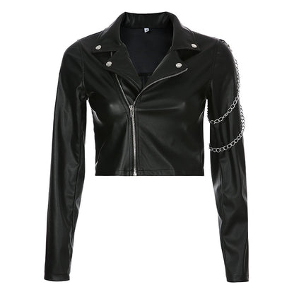 Gothic Faux Leather Cropped Jacket with Chains
