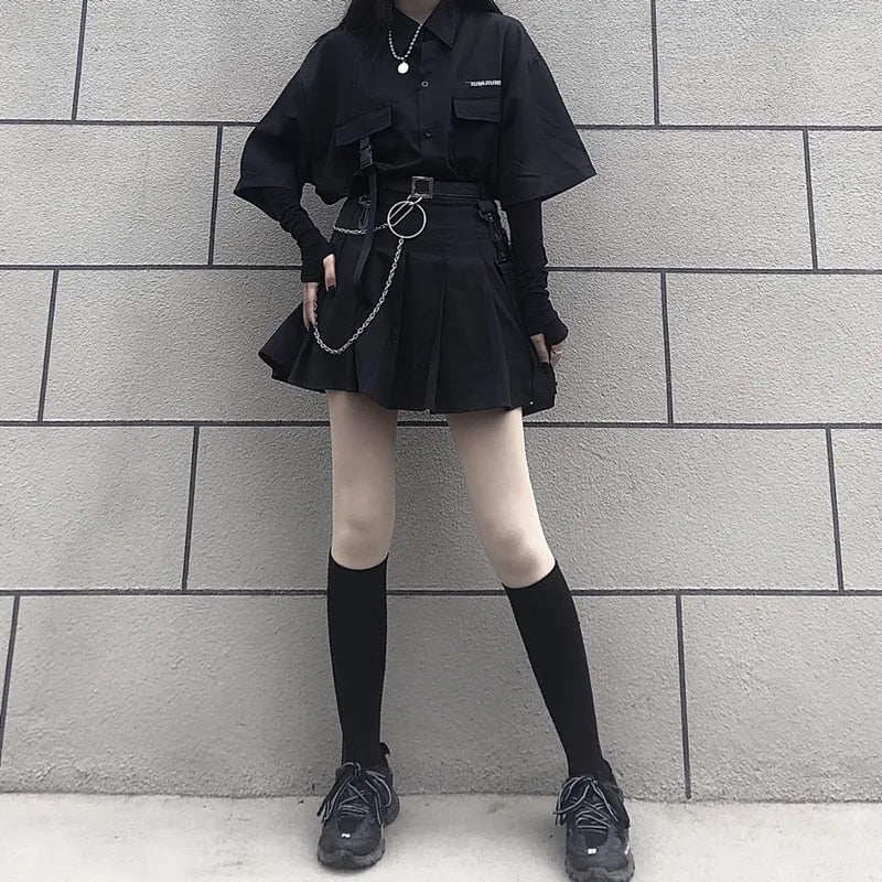 Gothic Korean  Loose BF Shirt and Skirt Set