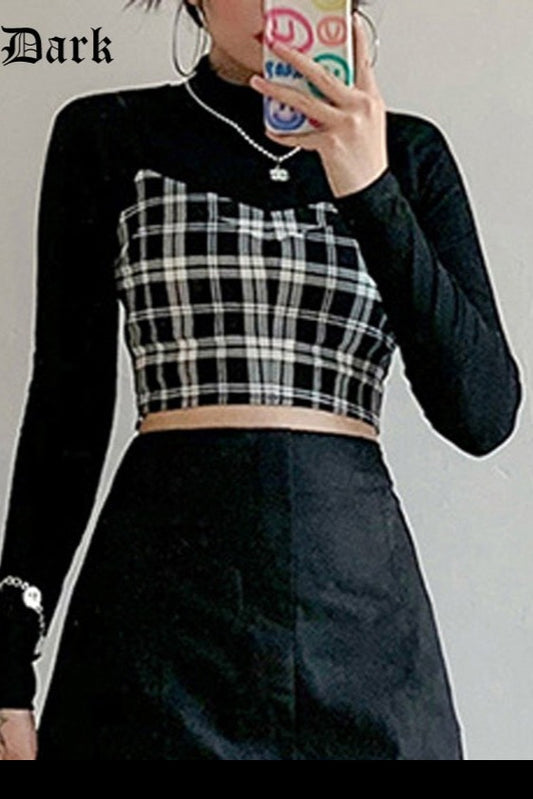 Gothic Two Piece Set with Plaid Camisole - Front view of the black two-piece set featuring a plaid camisole and matching skirt.