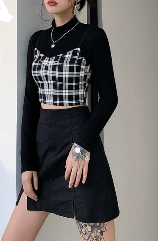 Alternative Gothic Fashion Set - A unique and fashionable two-piece set featuring a plaid camisole and skirt for a gothic-inspired look.