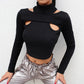 Gothic Korean Style Buckle Women Turtleneck Sleeve T Shirt - Trendy and Versatile Women's Turtleneck