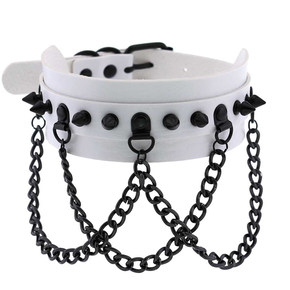 Gothic White Leather Choker Necklace with Multiple Spikes and Pendant Designs
