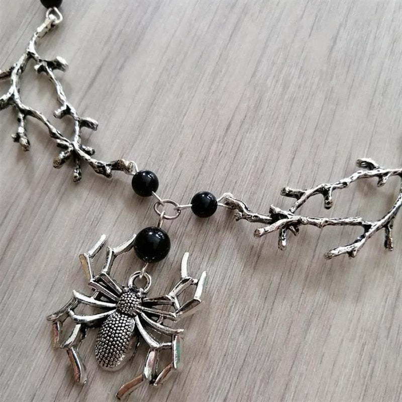 Gothic Witch Branch Necklace with Black Onyx Spider Pendant