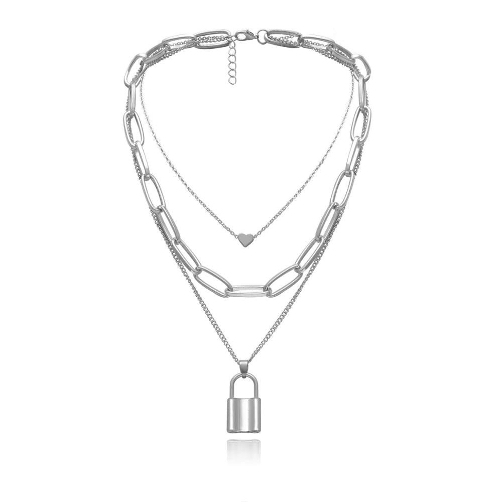 Hip Hop Multi Layers chain necklace with heart lock