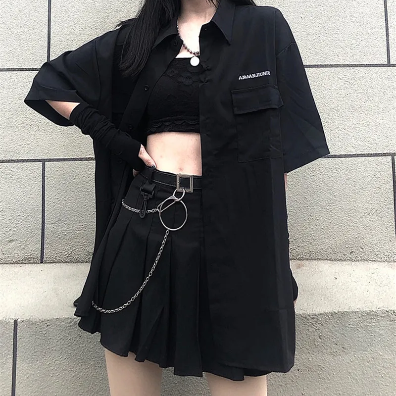 Gothic Korean  Loose BF Shirt and Skirt Set