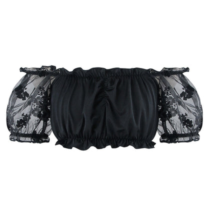 "Gothic-inspired lace crop top with an off-shoulder style, perfect for a unique outfit