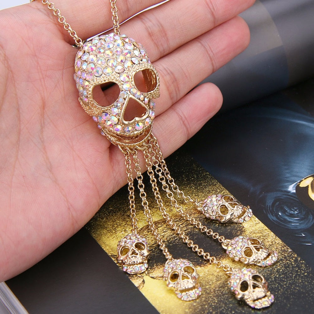 Gothic Thin Chain Necklace with Multiple Skull and Skeleton Pendant Designs