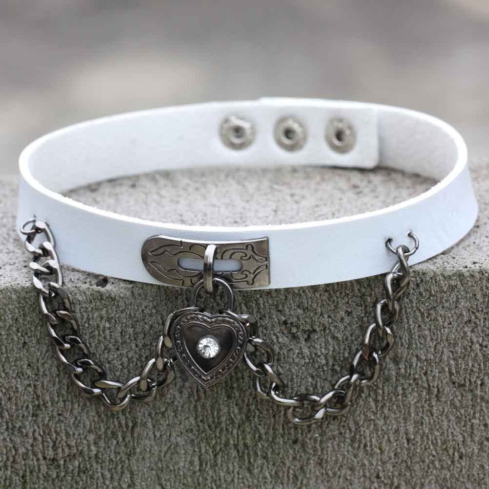 Gothic White Leather Choker Necklace with Multiple Spikes and Pendant Designs
