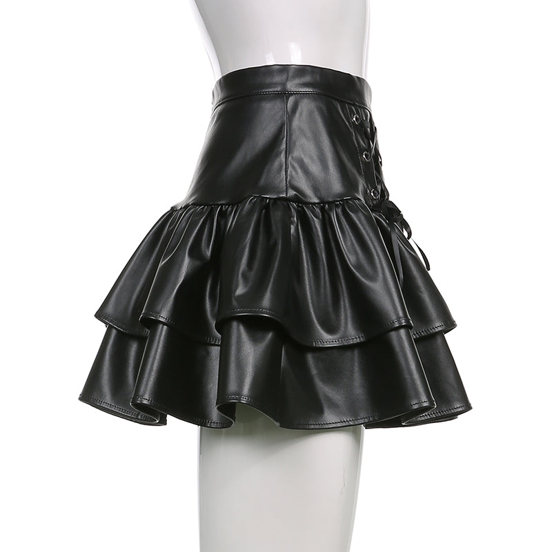 Punk Style PU Leather Mini Skirt with Lace Up Bandage