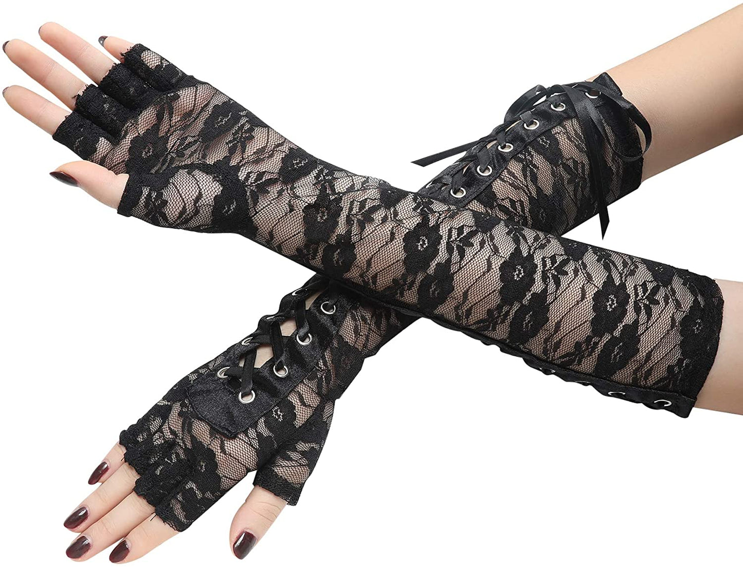 Punk Elbow-Arm Warmer Gloves with Fishnet Mesh and Laces