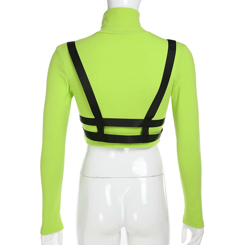 "Express your unique style with this Gothic Moto&Biker Buckle Belt Crop Top - a fusion of moto and gothic elements."