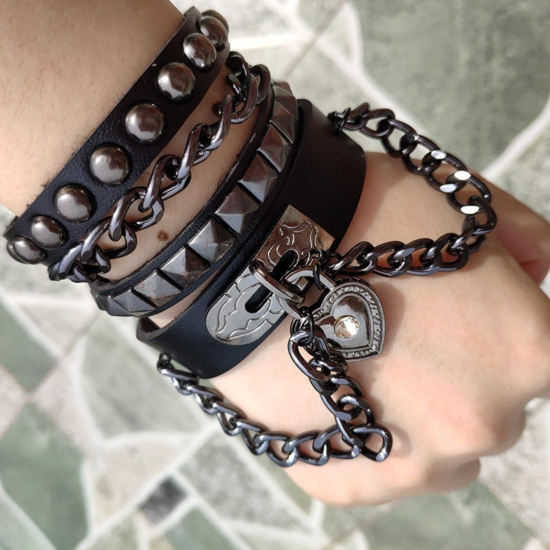 Gothic Black Leather Wristband