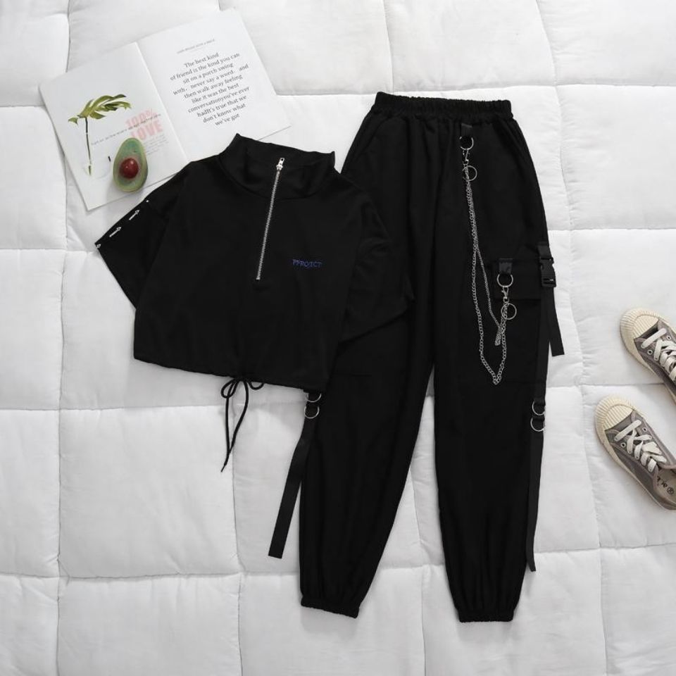 Punk Black Cargo Pants With Chain