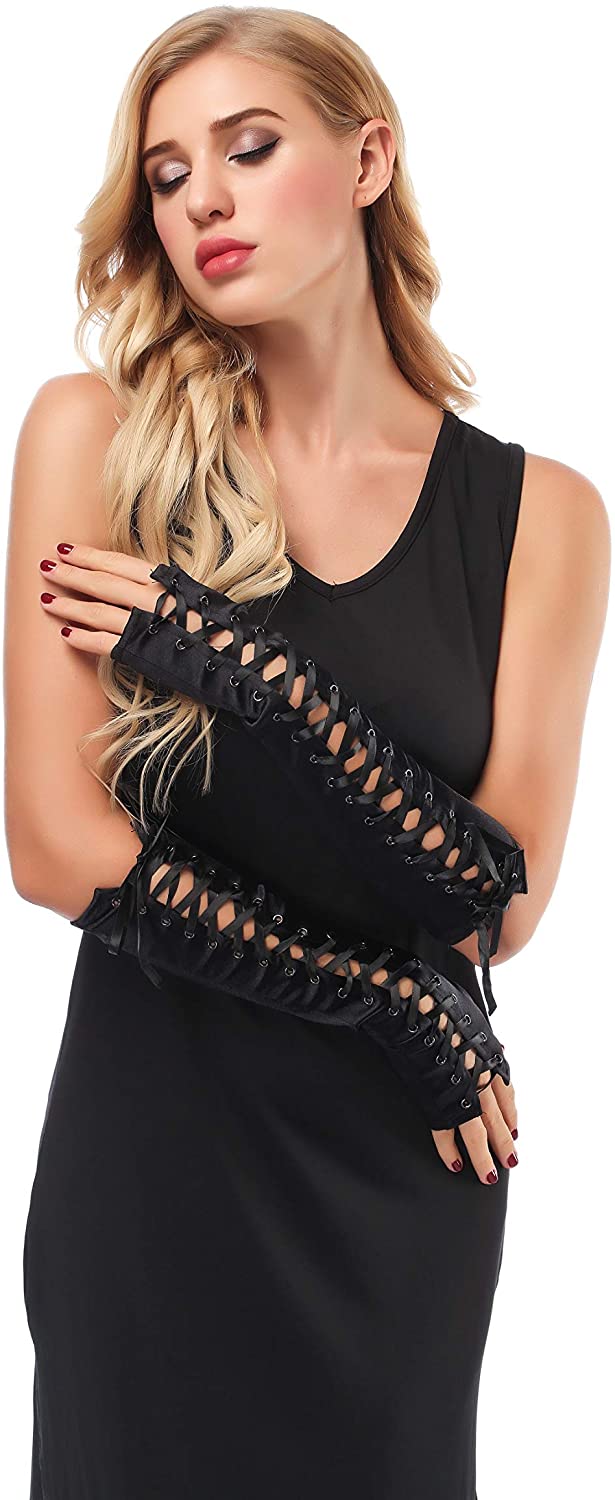 Punk Elbow-Arm Warmer Gloves with Fishnet Mesh and Laces