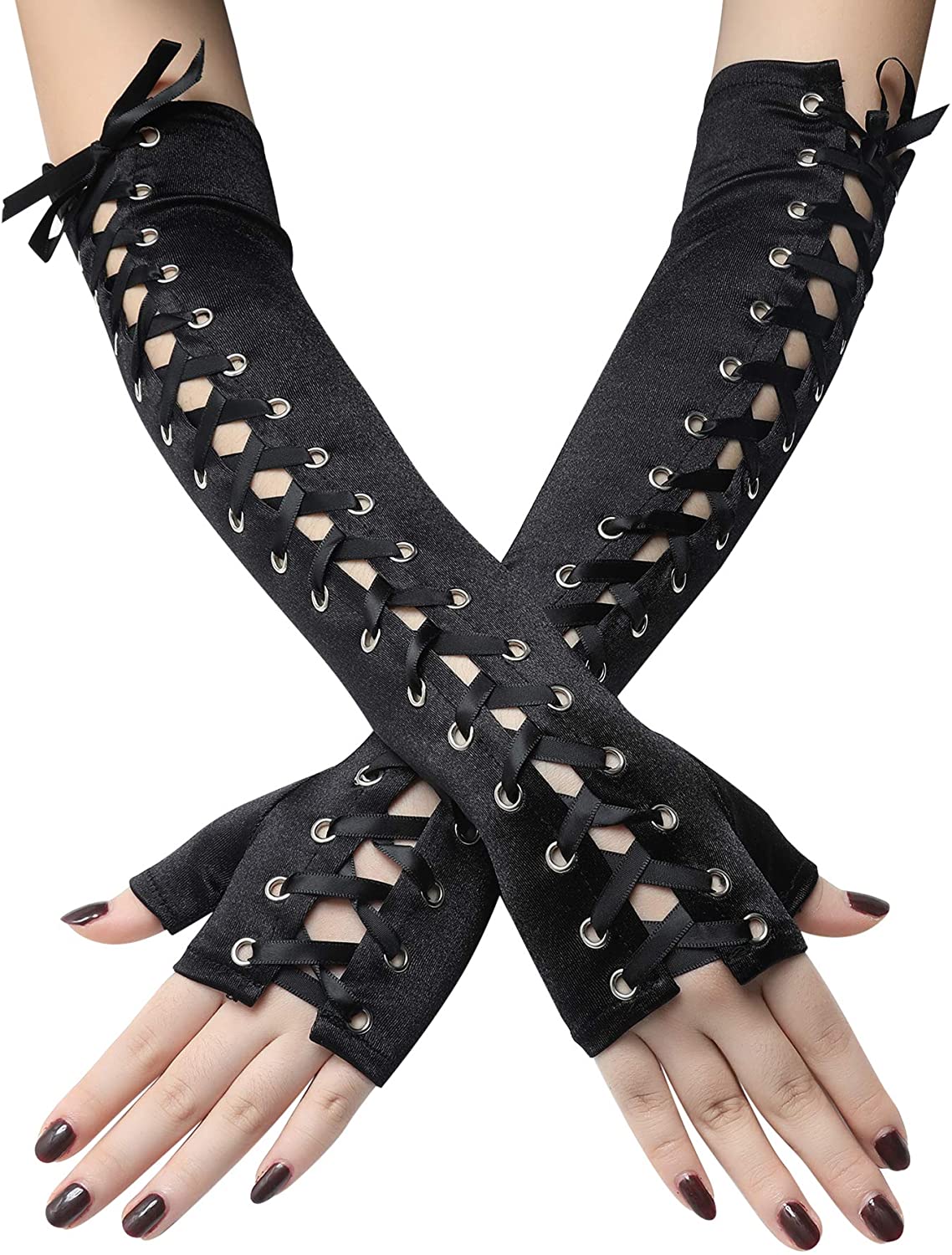 Punk Elbow-Arm Warmer Gloves with Fishnet Mesh and Laces