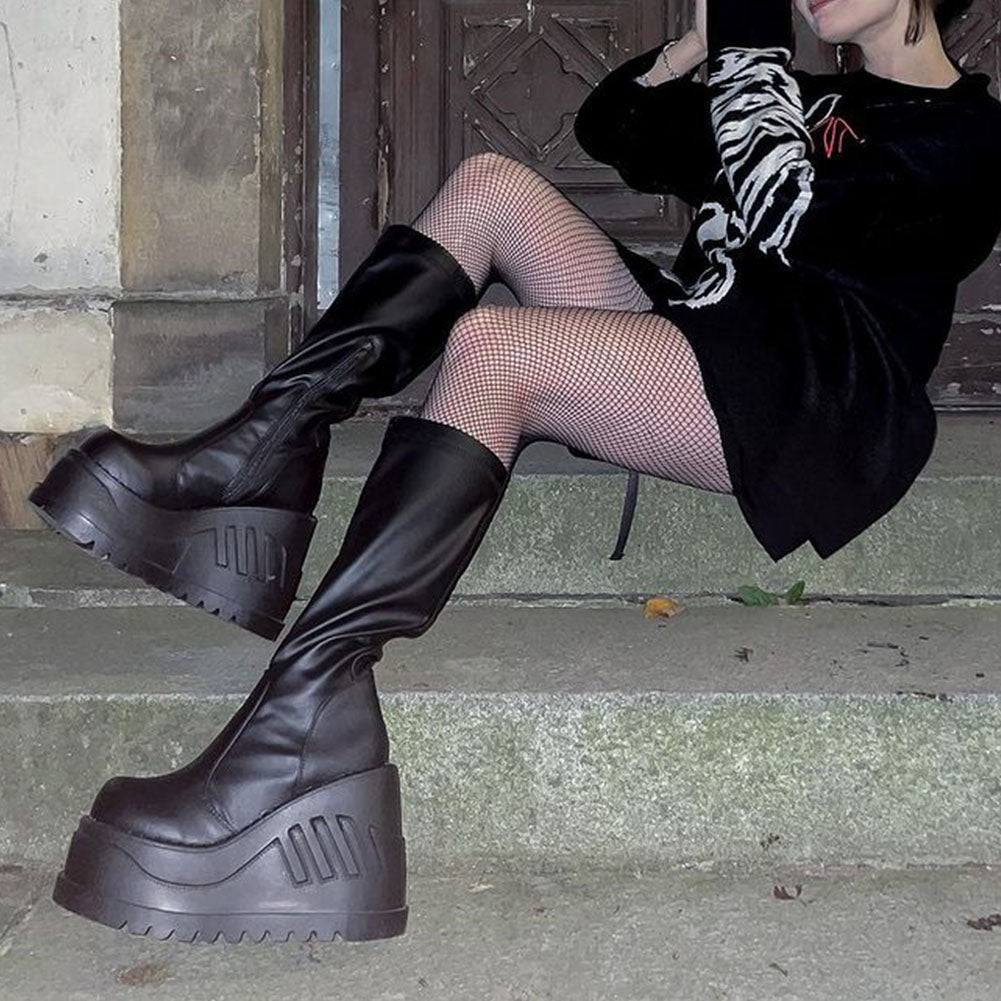 Gothic Punk Thigh High Wedge Boots with Platform