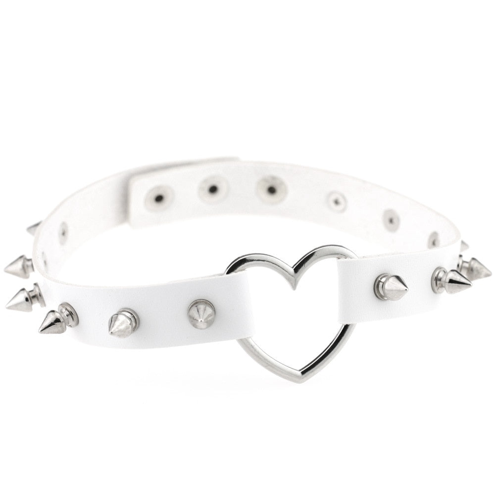 Gothic White Leather Choker Necklace with Multiple Spikes and Pendant Designs